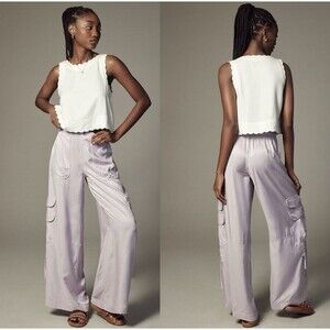 By Anthropologie Palazzo Utility Pants Cargo Wide Leg Lilac Purple Pull On Sz 10